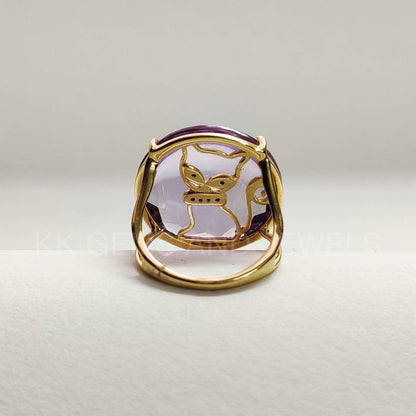 Natural Pink Amethyst Ring, 14K Solid Gold Ring, Pink Amethyst Black Diamond Ring, Cat Ornamented Ring, Gift For Cat lovers, Animal Ring