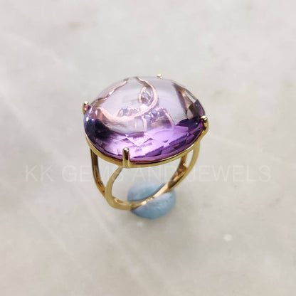 Natural Pink Amethyst Ring, 14K Solid Gold Ring, Pink Amethyst Black Diamond Ring, Cat Ornamented Ring, Gift For Cat lovers, Animal Ring