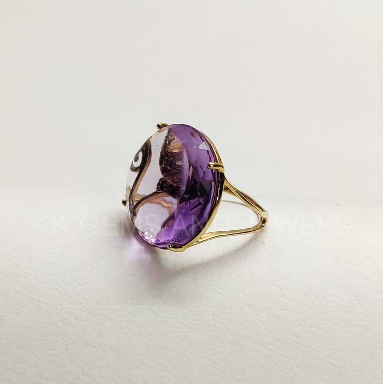 Natural Pink Amethyst Ring, 14K Solid Gold Ring, Pink Amethyst Black Diamond Ring, Cat Ornamented Ring, Gift For Cat lovers, Animal Ring