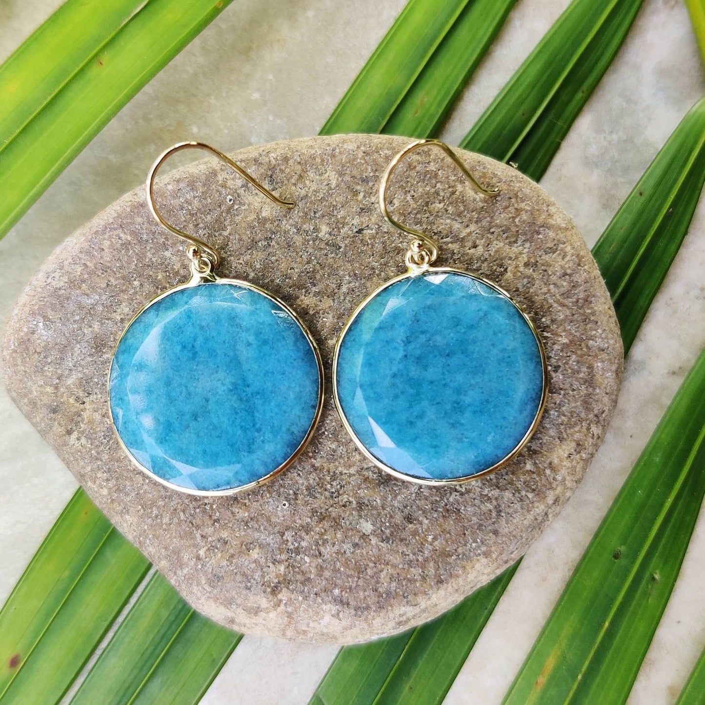 Natural Aqua Aura Quartz Earrings, 14K Solid Yellow Gold Earrings, Round Aqua Quartz Danglers, April Birthstone, Christmas Present