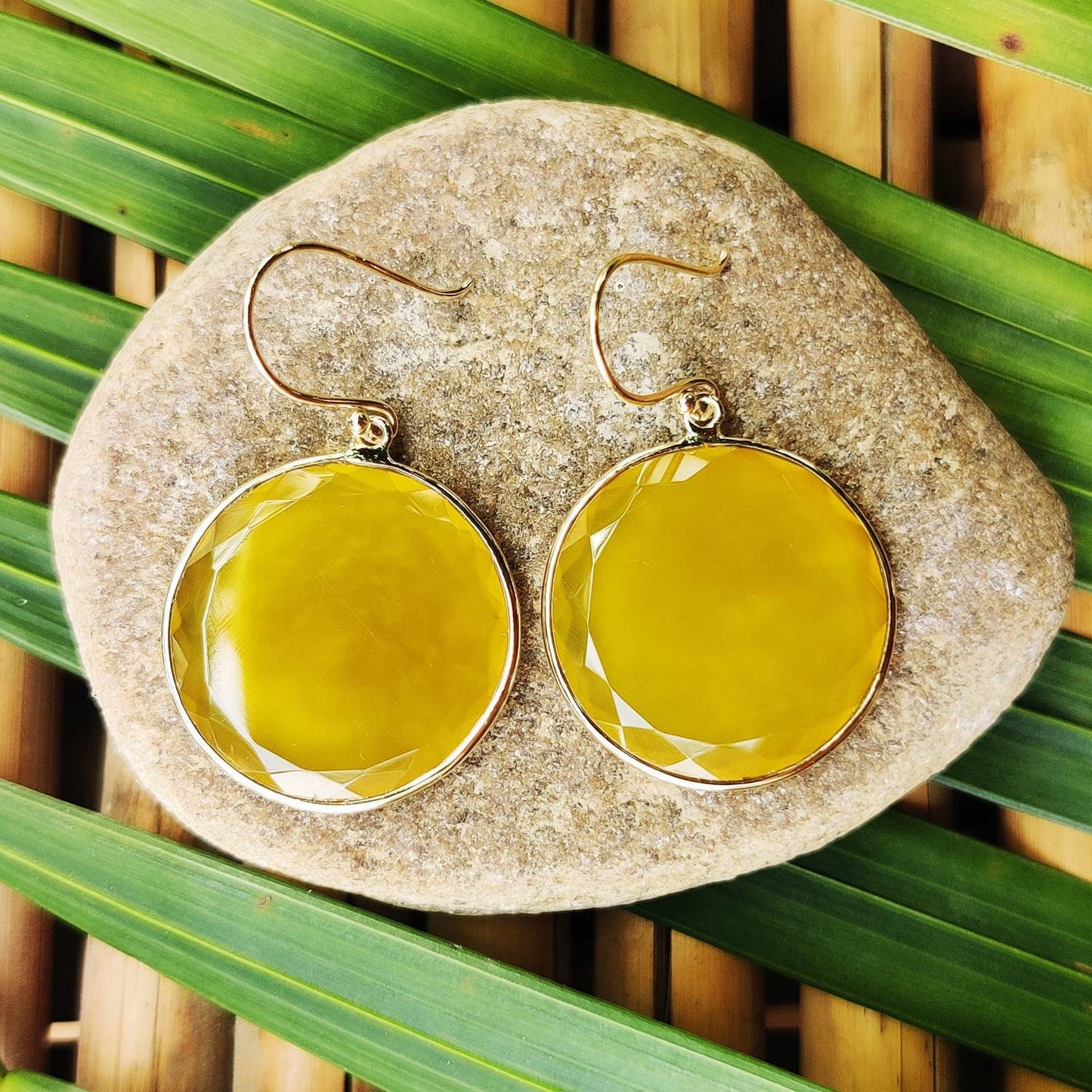 14K Gold Yellow Onyx Earrings, Natural Yellow Onyx Bezel Earrings, 14K Solid Yellow Gold Earrings, November Birthstone, Christmas Gift