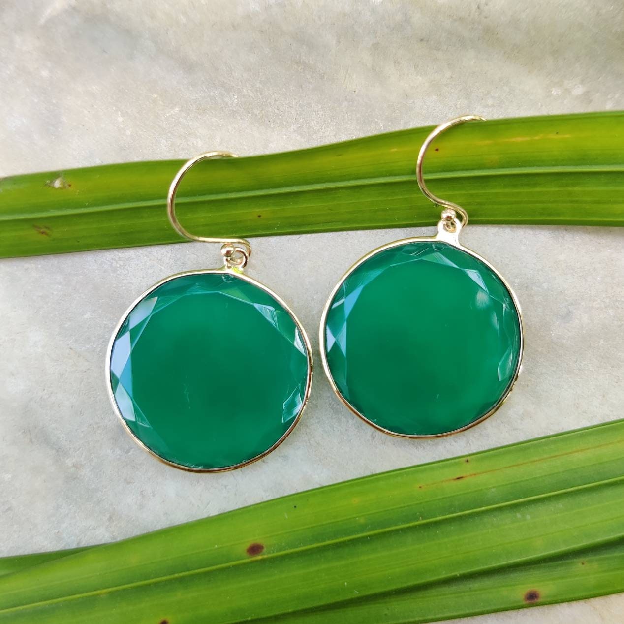 14K Gold Green Onyx Earrings, Natural Green Onyx Bezel Earrings, 14K Solid Yellow Gold Earrings, Green Onyx Drop Earrings, Christmas Gift