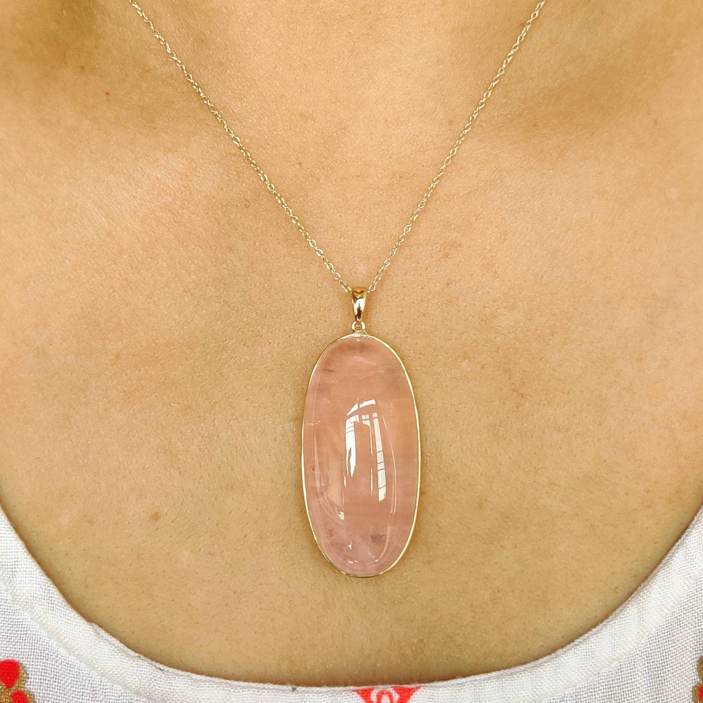 Natural Rose Quartz Pendant, 14K Solid Gold Rose Quartz Pendant, Bezel Pendant, January Birthstone, Christmas Gift, Oval Pendant