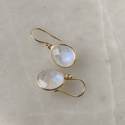 14K Gold Rainbow Moonstone Earrings, Natural Rainbow Moonstone Bezel Earrings, 14K Solid Yellow Gold Earring, Drop Earrings, June Birthstone