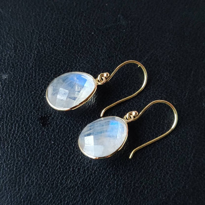 14K Gold Rainbow Moonstone Earrings, Natural Rainbow Moonstone Bezel Earrings, 14K Solid Yellow Gold Earring, Drop Earrings, June Birthstone