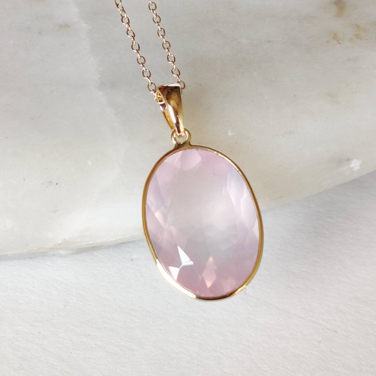 Natural Rose Quartz Pendant, 14K Solid Gold Rose Quartz Pendant, Solid Gold Pendant Necklace, January Birthstone, Christmas Gift