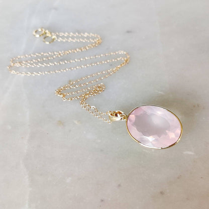 Natural Rose Quartz Pendant, 14K Solid Gold Rose Quartz Pendant, Solid Gold Pendant Necklace, January Birthstone, Christmas Gift