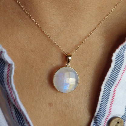 Natural Rainbow Moonstone Pendant, 14K Solid Yellow Gold Moonstone Pendant, June Birthstone Pendant, Blue Moonstone Jewelry, Christmas Gift