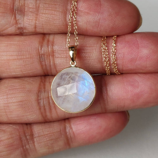 Natural Rainbow Moonstone Pendant, 14K Solid Yellow Gold Moonstone Pendant, June Birthstone Pendant, Blue Moonstone Jewelry, Christmas Gift