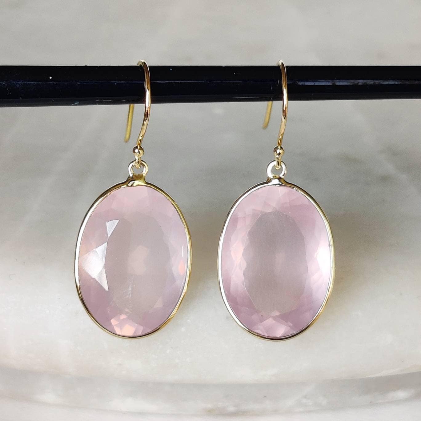 14K Gold Rose Quartz Earrings, Natural Rose Quartz Earring, 14K Solid Yellow Gold Earring, January Birthstone, Drop Earrings, Christmas Gift