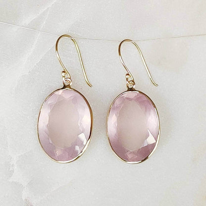 14K Gold Rose Quartz Earrings, Natural Rose Quartz Earring, 14K Solid Yellow Gold Earring, January Birthstone, Drop Earrings, Christmas Gift