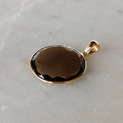 Natural Smoky Quartz Pendant, 14K Solid Yellow Gold Smoky Quartz Pendant, Smoky Quartz Flat Round Pendant, June Birthstone, Christmas Gift