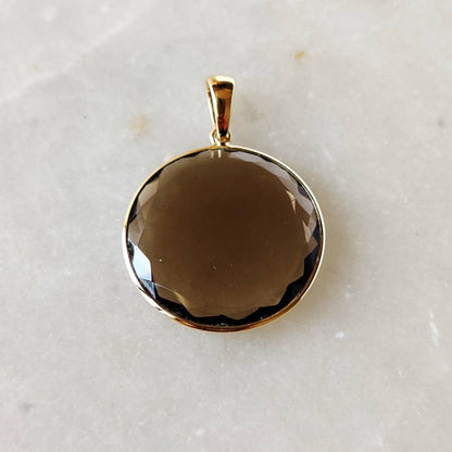 Natural Smoky Quartz Pendant, 14K Solid Yellow Gold Smoky Quartz Pendant, Smoky Quartz Flat Round Pendant, June Birthstone, Christmas Gift