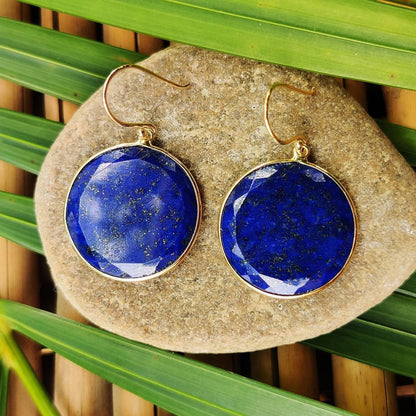 Natural Lapis Lazuli Earrings, 14K Solid Yellow Gold Earrings, Bezel Set Earrings, September Birthstone Drop Earrings, Christmas Present