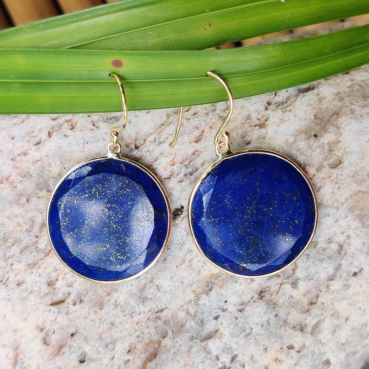 Natural Lapis Lazuli Earrings, 14K Solid Yellow Gold Earrings, Bezel Set Earrings, September Birthstone Drop Earrings, Christmas Present