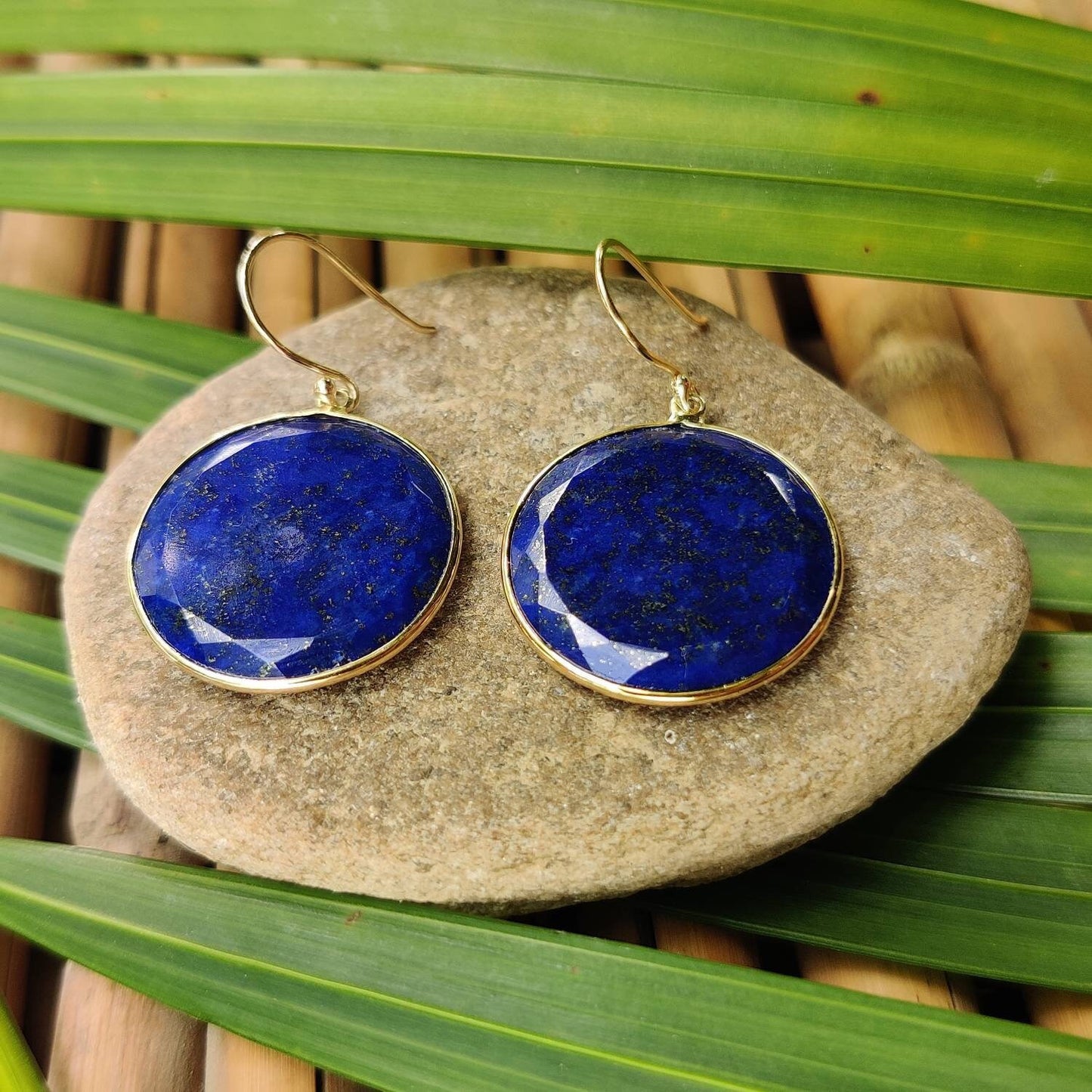 Natural Lapis Lazuli Earrings, 14K Solid Yellow Gold Earrings, Bezel Set Earrings, September Birthstone Drop Earrings, Christmas Present