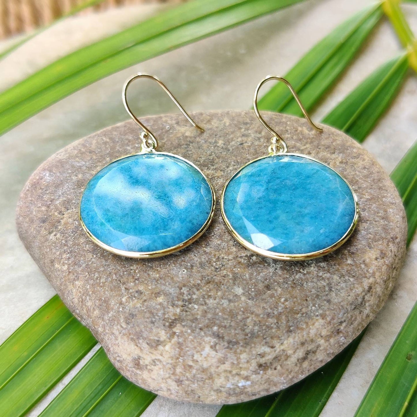 Natural Aqua Aura Quartz Earrings, 14K Solid Yellow Gold Earrings, Round Aqua Quartz Danglers, April Birthstone, Christmas Present