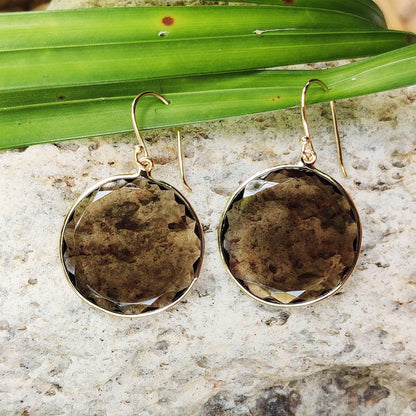 14K Gold Smoky Quartz Earrings, Natural Smoky Quartz Bezel Earrings, 14K Solid Yellow Gold Earrings, June Birthstone, Drop Earrings