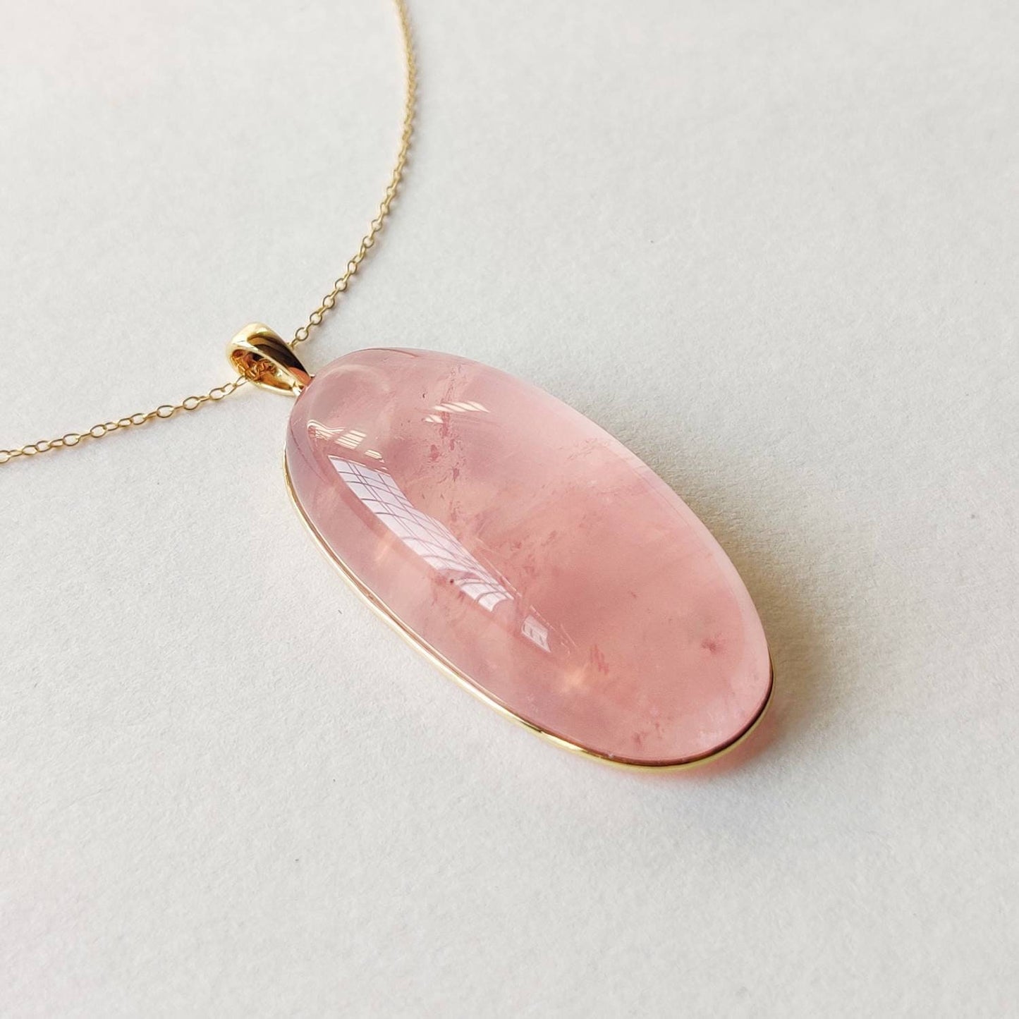 Natural Rose Quartz Pendant, 14K Solid Gold Rose Quartz Pendant, Bezel Pendant, January Birthstone, Christmas Gift, Oval Pendant