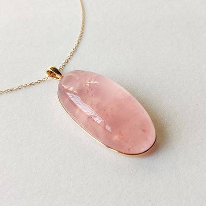 Natural Rose Quartz Pendant, 14K Solid Gold Rose Quartz Pendant, Bezel Pendant, January Birthstone, Christmas Gift, Oval Pendant