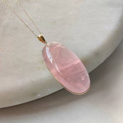 Natural Rose Quartz Pendant, 14K Solid Gold Rose Quartz Pendant, Bezel Pendant, January Birthstone, Christmas Gift, Oval Pendant