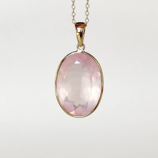 Colgante de cuarzo rosa natural, colgante de cuarzo rosa de oro macizo de 14 quilates, collar con colgante de oro macizo, piedra natal de enero, regalo de Navidad