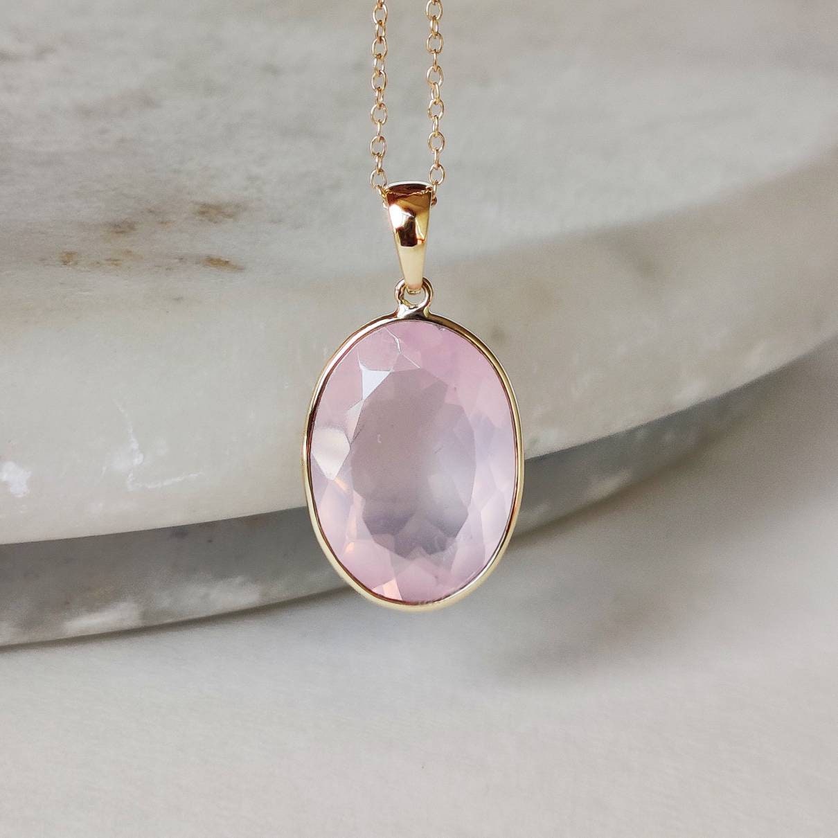 Natural Rose Quartz Pendant, 14K Solid Gold Rose Quartz Pendant, Solid Gold Pendant Necklace, January Birthstone, Christmas Gift