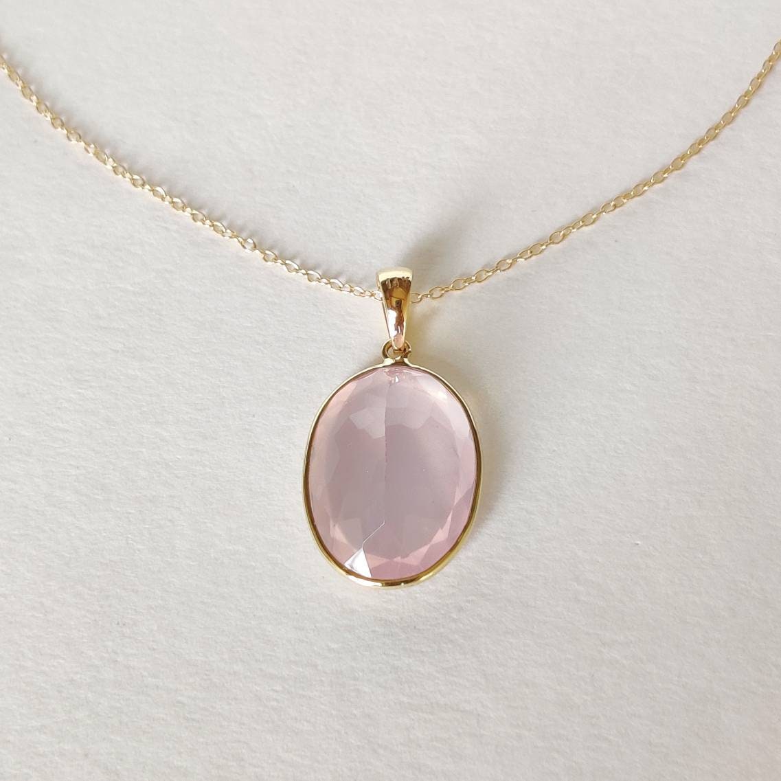 Natural Rose Quartz Pendant, 14K Solid Gold Rose Quartz Pendant, Solid Gold Pendant Necklace, January Birthstone, Christmas Gift