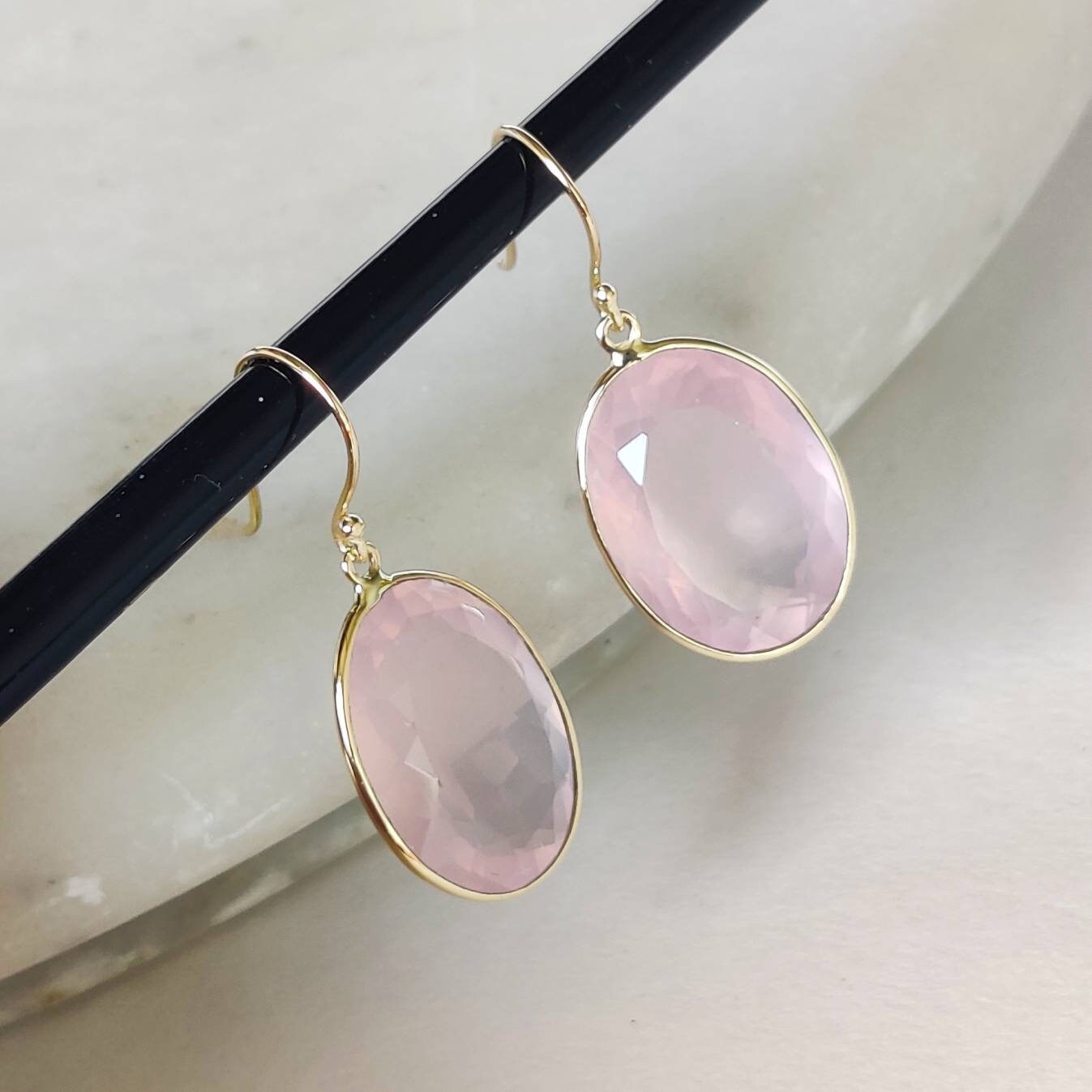 14K Gold Rose Quartz Earrings, Natural Rose Quartz Earring, 14K Solid Yellow Gold Earring, January Birthstone, Drop Earrings, Christmas Gift