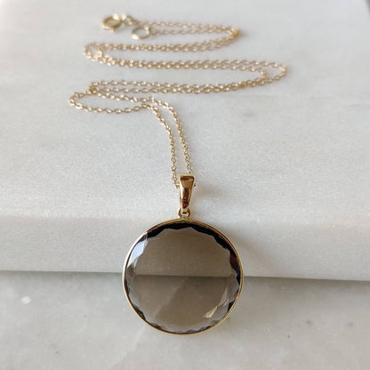 Natural Smoky Quartz Pendant, 14K Solid Yellow Gold Smoky Quartz Pendant, Smoky Quartz Flat Round Pendant, June Birthstone, Christmas Gift