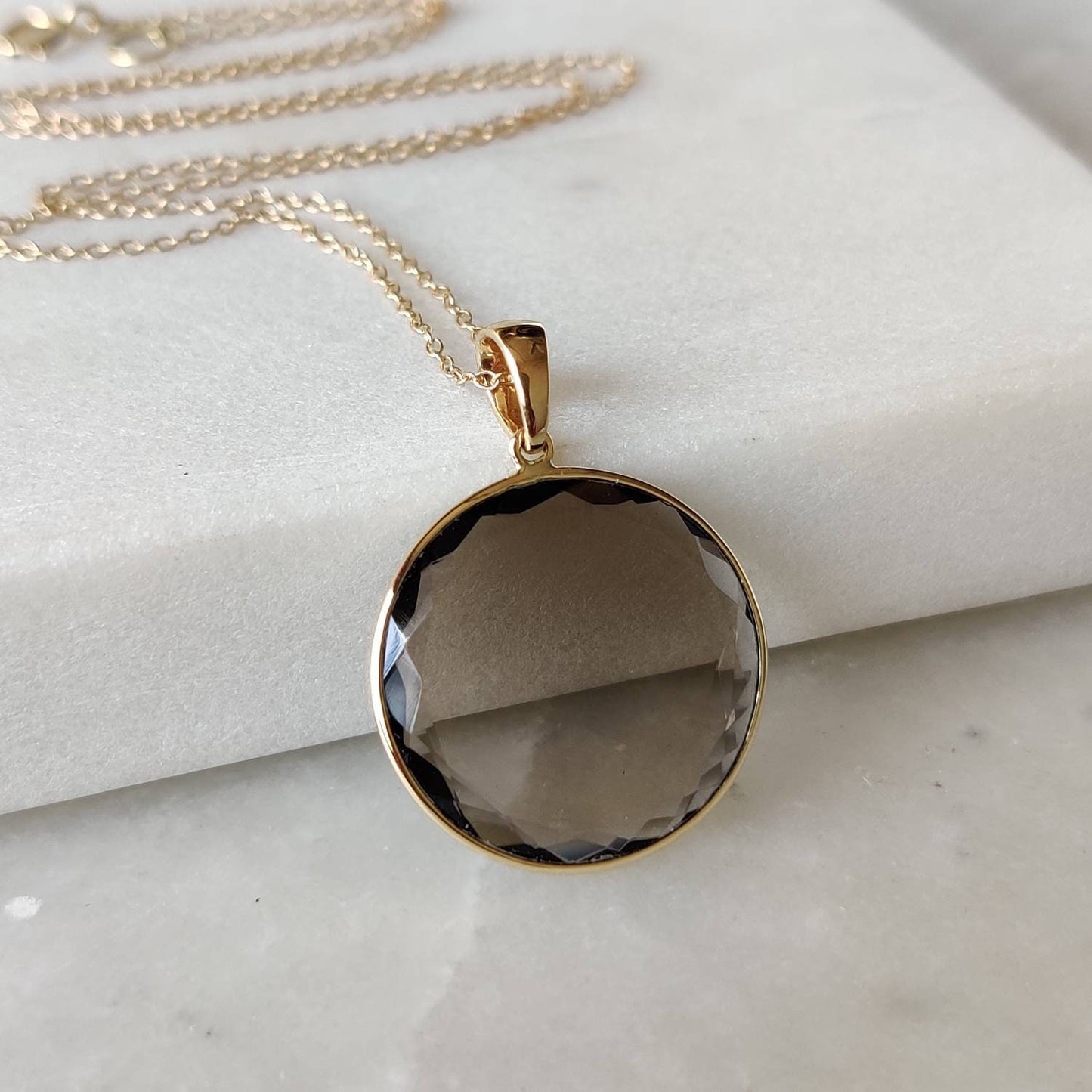 Natural Smoky Quartz Pendant, 14K Solid Yellow Gold Smoky Quartz Pendant, Smoky Quartz Flat Round Pendant, June Birthstone, Christmas Gift