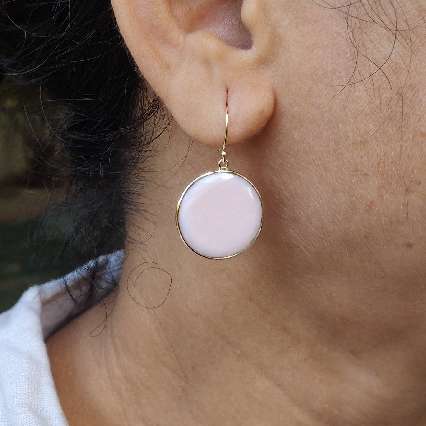 14K Gold Pink Opal Earring, Natural Pink Opal Bezel Earring, 14K Solid Yellow Gold Earring, October Birthstone, Drop Earring, Christmas Gift