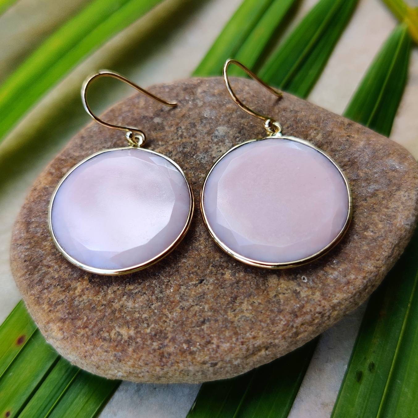 14K Gold Pink Opal Earring, Natural Pink Opal Bezel Earring, 14K Solid Yellow Gold Earring, October Birthstone, Drop Earring, Christmas Gift