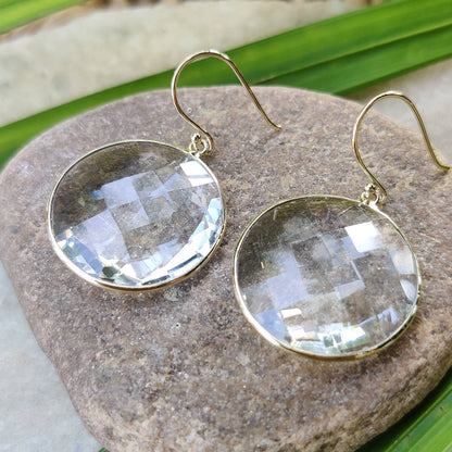 Natural Clear Quartz Earrings, 14K Solid Yellow Gold Earring, Bezel Earring, April Birthstone Earrings, Christmas Gift, Quartz Earrings