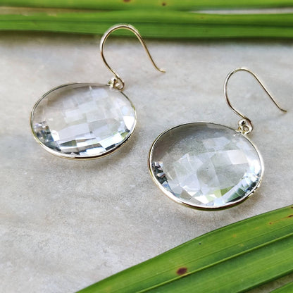 Natural Clear Quartz Earrings, 14K Solid Yellow Gold Earring, Bezel Earring, April Birthstone Earrings, Christmas Gift, Quartz Earrings