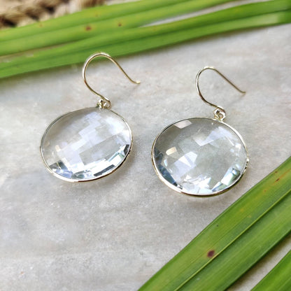 Natural Clear Quartz Earrings, 14K Solid Yellow Gold Earring, Bezel Earring, April Birthstone Earrings, Christmas Gift, Quartz Earrings