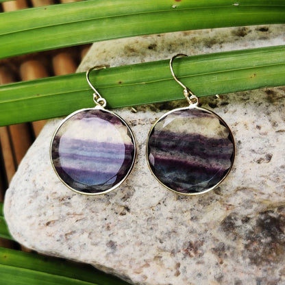 14K Gold Fluorite Earrings, Natural Fluorite Bezel Earrings, 14K Solid Yellow Gold Earrings, Fluorite Jewelry, February Birthstone,