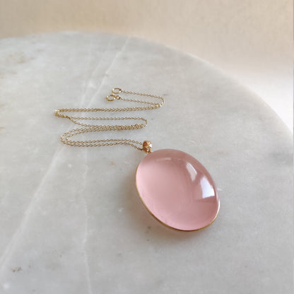 Natural Rose Quartz Pendant, 14K Solid Gold Rose Quartz Bezel Pendant, January Birthstone, Christmas Gift, Rose Quartz Jewelry