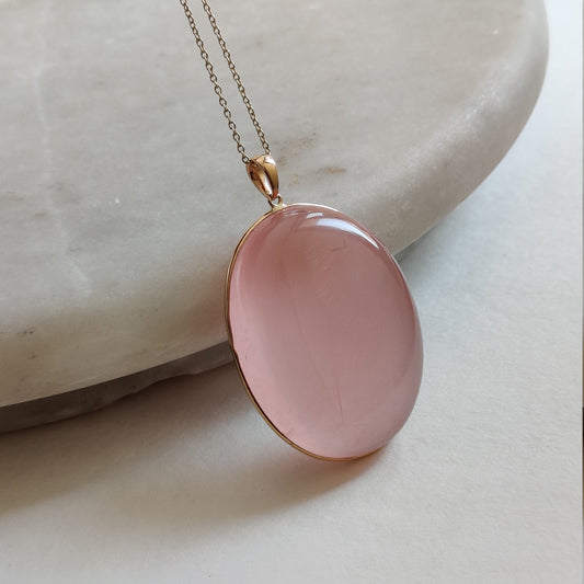 Natural Rose Quartz Pendant, 14K Solid Gold Rose Quartz Bezel Pendant, January Birthstone, Christmas Gift, Rose Quartz Jewelry