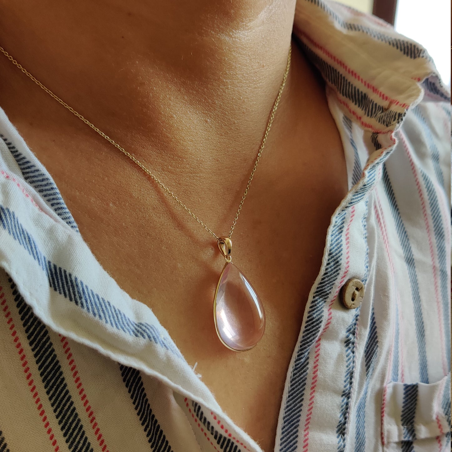 Natural Rose Quartz Pendant, 14K Solid Gold Rose Quartz Pendant, Christmas Gift, January Birthstone, Rose Quartz Pear Bezel Pendant