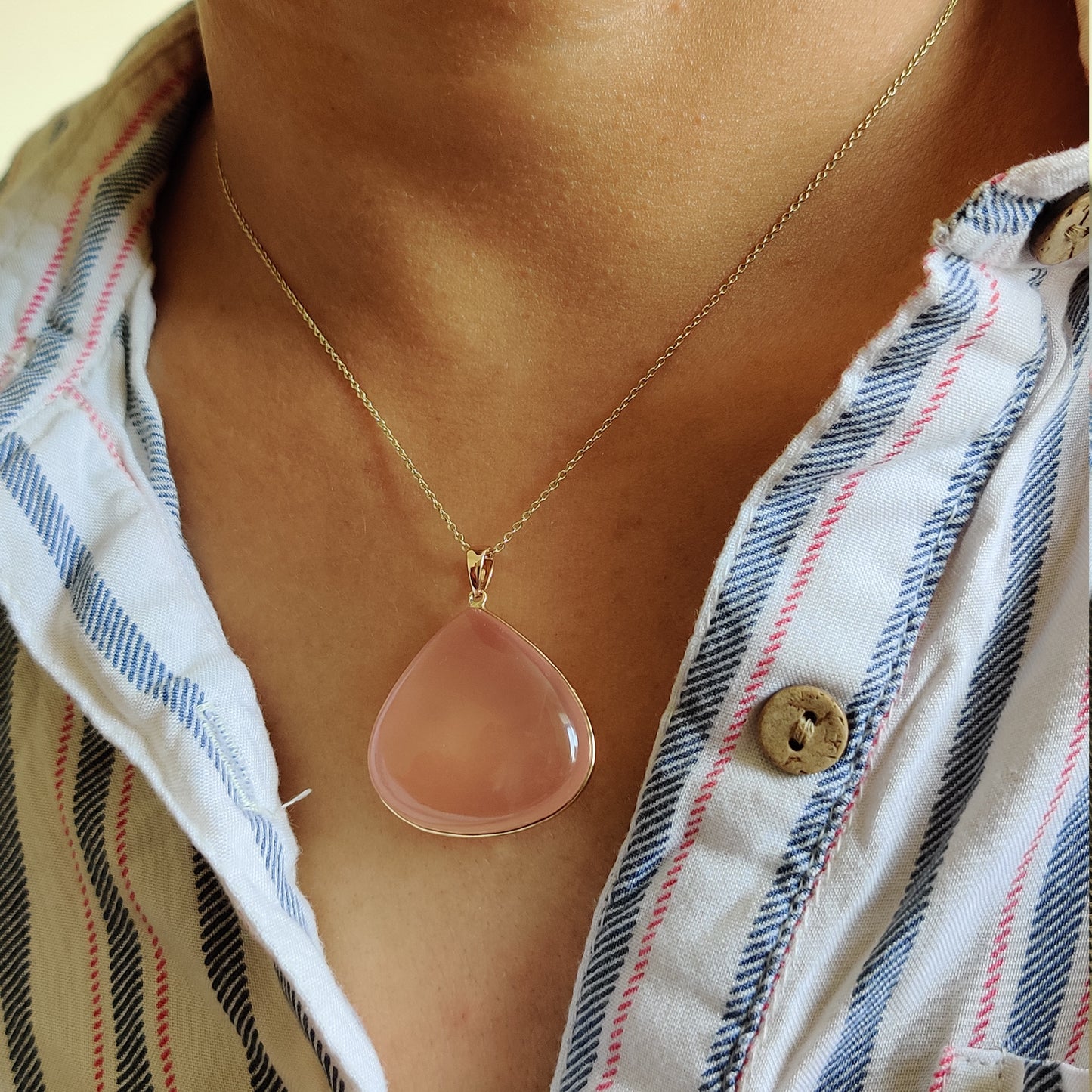 Natural Rose Quartz Pendant, 14K Solid Gold Rose Quartz Pendant, January Birthstone, Rose Quartz Bezel Pendant, Christmas Gift, Pear Pendant