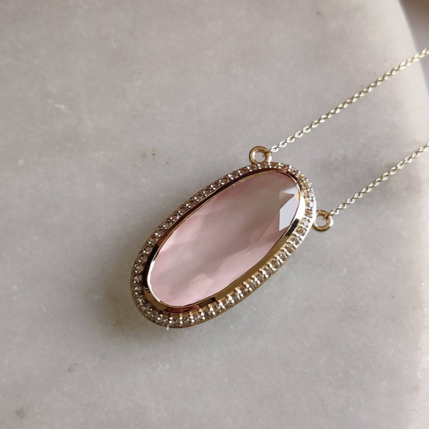 Natural Rose Quartz White Topaz Pendant, 14K Solid Gold Rose Quartz Pendant, Chain Necklace, January Birthstone, Quartz Topaz Jewelry