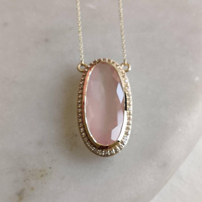 Natural Rose Quartz White Topaz Pendant, 14K Solid Gold Rose Quartz Pendant, Chain Necklace, January Birthstone, Quartz Topaz Jewelry