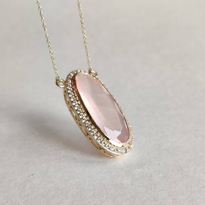 Natural Rose Quartz White Topaz Pendant, 14K Solid Gold Rose Quartz Pendant, Chain Necklace, January Birthstone, Quartz Topaz Jewelry