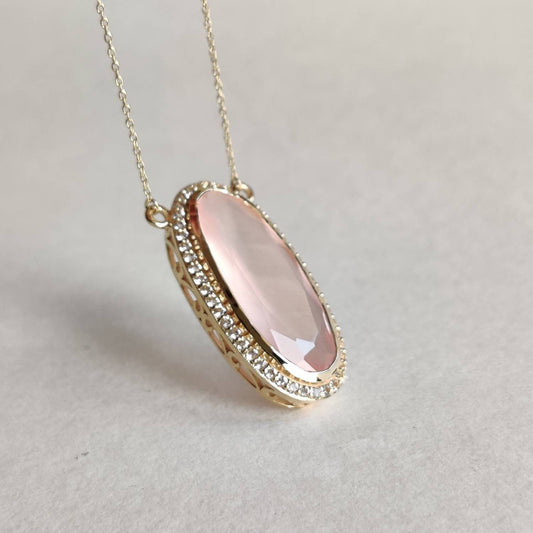 Natural Rose Quartz White Topaz Pendant, 14K Solid Gold Rose Quartz Pendant, Chain Necklace, January Birthstone, Quartz Topaz Jewelry