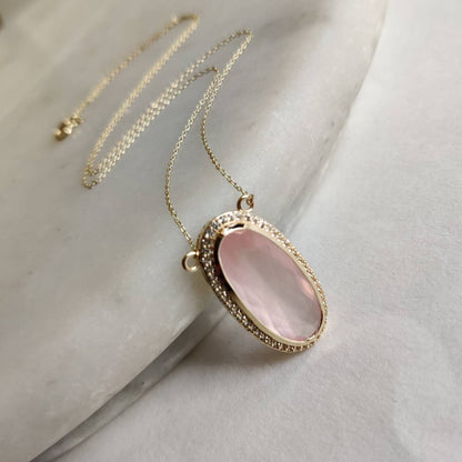 Natural Rose Quartz White Topaz Pendant, 14K Solid Gold Rose Quartz Pendant, Chain Necklace, January Birthstone, Quartz Topaz Jewelry