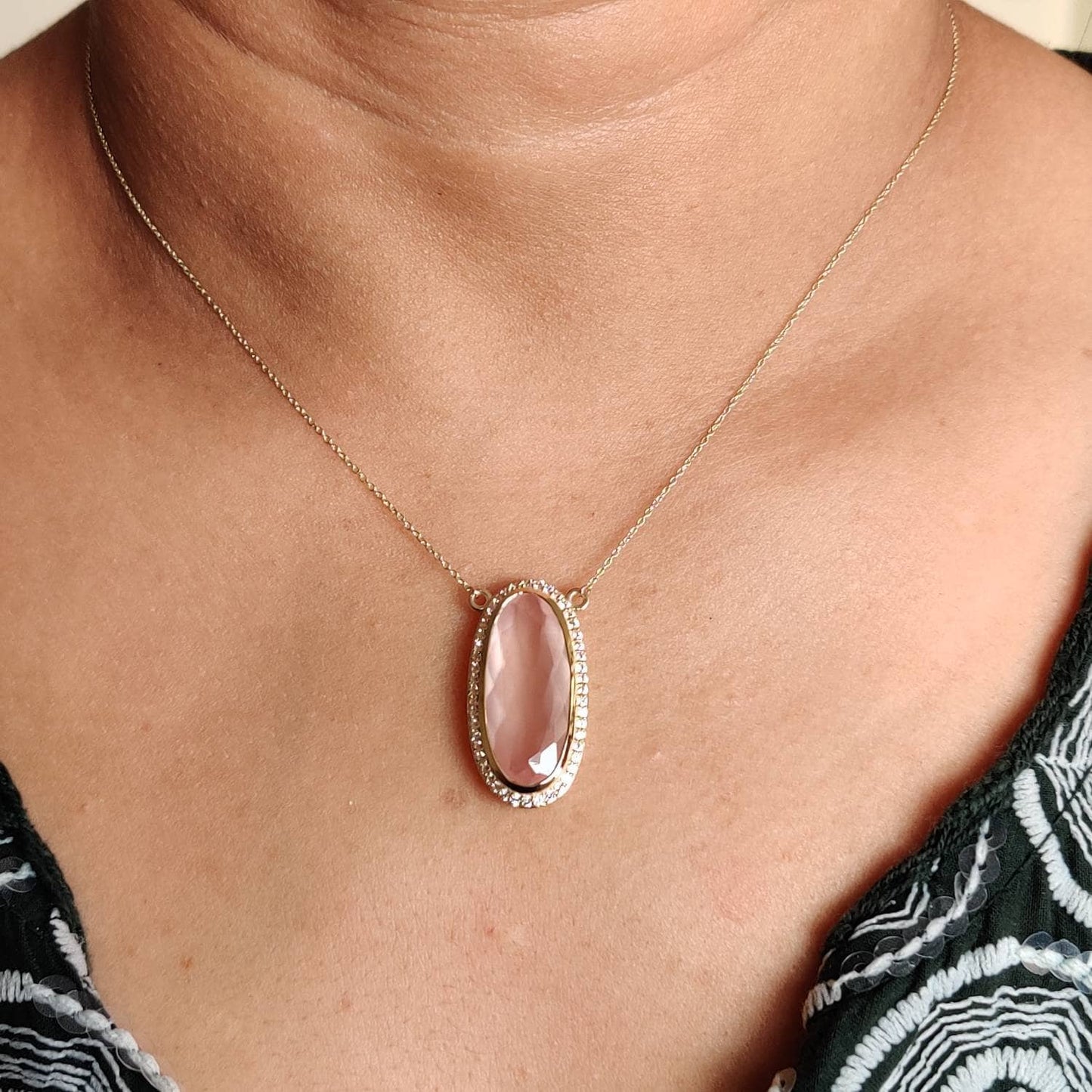 Natural Rose Quartz White Topaz Pendant, 14K Solid Gold Rose Quartz Pendant, Chain Necklace, January Birthstone, Quartz Topaz Jewelry