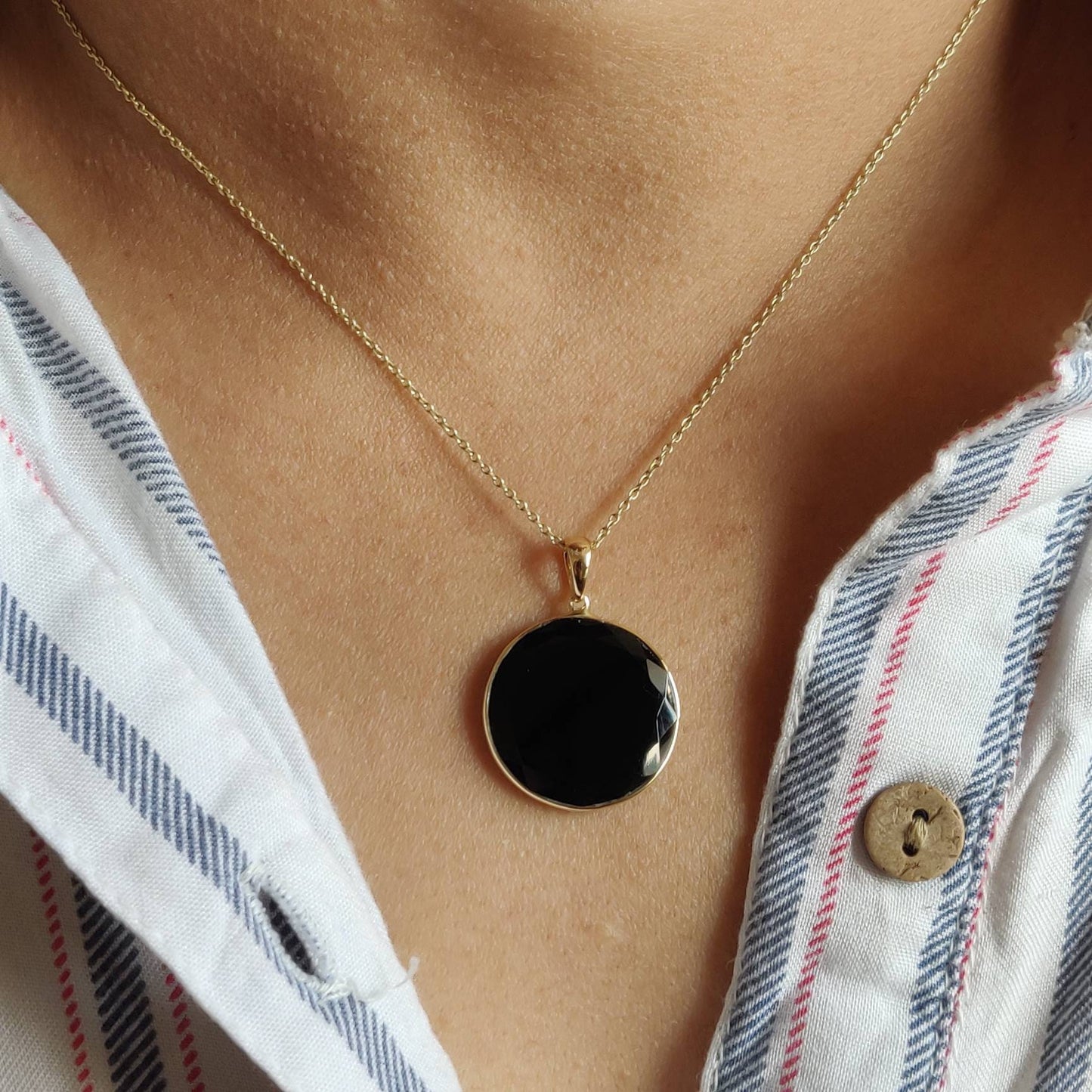 Natural Black Onyx Pendant, 14K Solid Yellow Gold Black Onyx Pendant, December Birthstone Pendant, Christmas Present, Onyx Jewelry