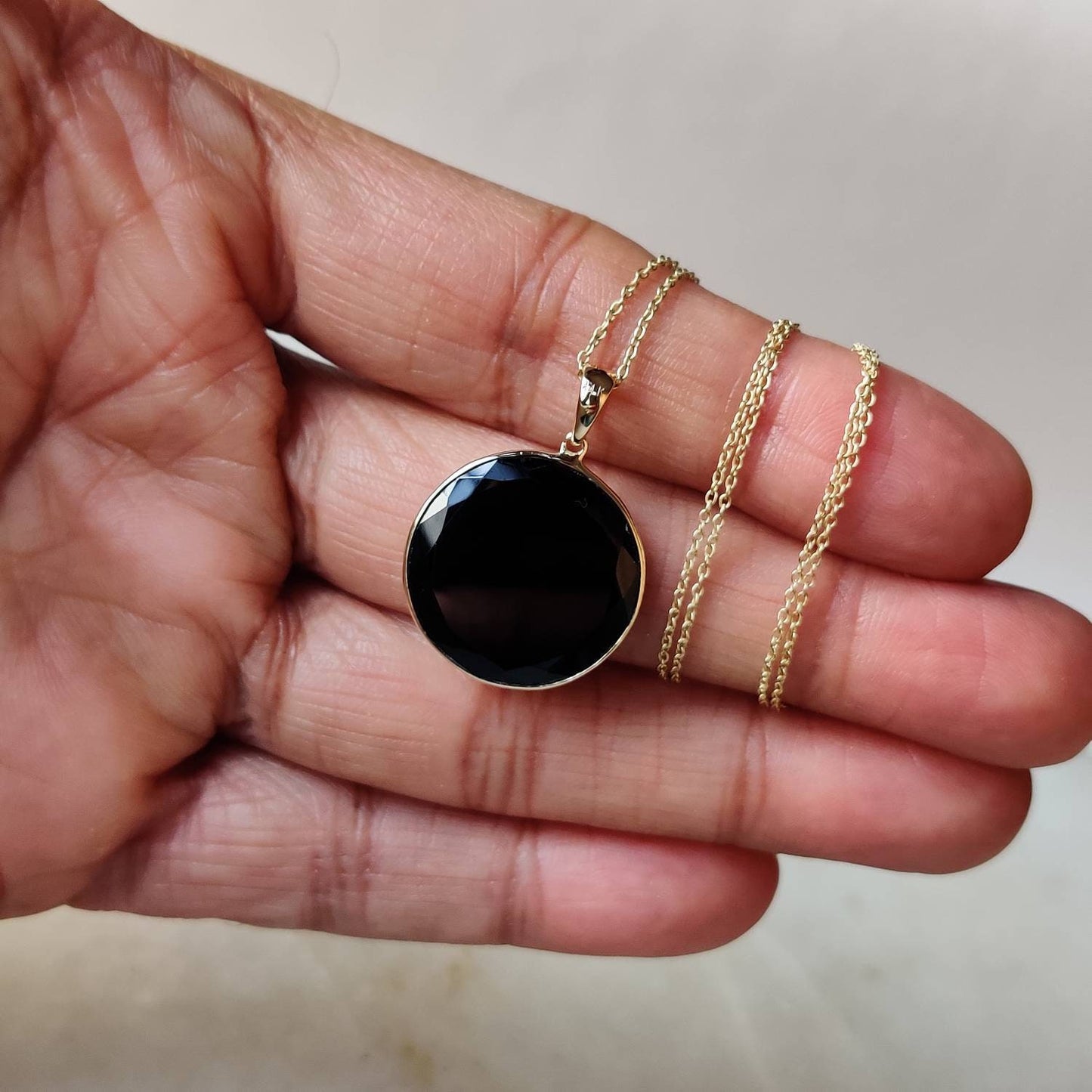 Natural Black Onyx Pendant, 14K Solid Yellow Gold Black Onyx Pendant, December Birthstone Pendant, Christmas Present, Onyx Jewelry