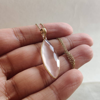 Natural Rose Quartz Pendant, 14K Solid Yellow Gold Quartz Pendant, January Birthstone, Christmas Gift, Bezel Pendant, Rose Quartz Jewelry